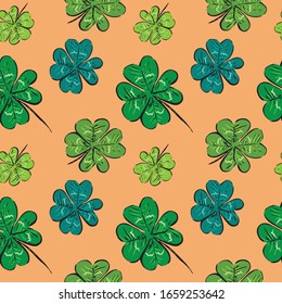 Hand drawn ink style black and white four leaves lucky clover seamless pattern vector illustration. Saint Patrick's day celebration cards, menu, invitations or banners, gift wrapping paper