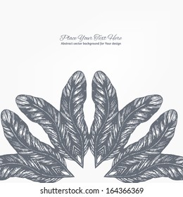 Hand drawn ink style feathers round ornament. Vector monochrome background