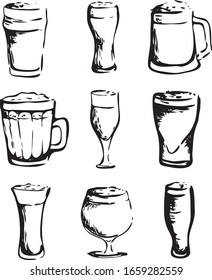 Hand drawn ink style isolated illustration logo set collection: fresh beer glasses mugs different types. For Oktoberfest, Saint Patrick or craft draft beer event festival. For pub bar restaurant menu 