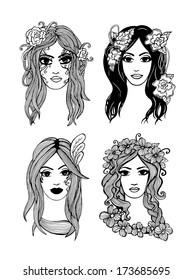 Hand drawn ink style vector girls set