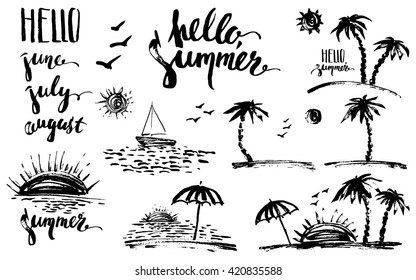 Hand drawn ink summer design elements. Black prints, palm silhouettes, sun, sunset, ocean, sailboat, hello. Brush lettering, june, july, august.