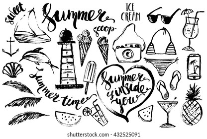 Hand drawn ink summer design element set. Rough black ink sketch of fruit, cocktail, lighthouse, dolphin, boat, shades, bikini, smartphone, camera, with summer lettering.