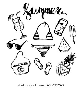 Hand drawn ink summer design element set. Rough black ink sketch of fruit, cocktail, bikini, smartphone, camera, sunglasses, with summer lettering.