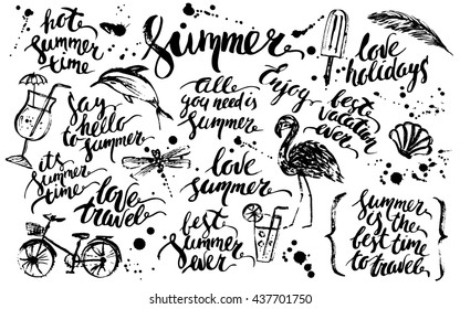 Hand drawn ink summer design element set. Rough black ink summer lettering with cocktail, bike, dolphin, flamingo, dragonfly, popsicle, ink drops, palm leaf.