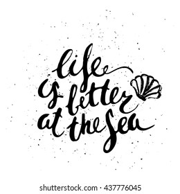 Hand drawn ink summer design. Rough black ink summer slogan lettering with shell on grunge background. 