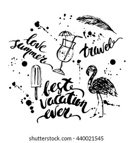 Hand drawn ink summer design. Ink sketch of cocktails, flamingo, palm leaf and brush lettering with ink drops and stains.