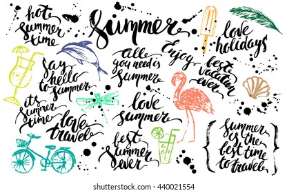 Hand drawn ink summer design element set. Rough black ink summer lettering and ink stains and drops. Cocktail, flamingo, shell, bicycle, dragonfly, popsicle, dolphin, palm leaf.