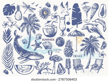 Hand drawn ink summer set. Tropical fruit, palm tree, cocktails, ice cream, popsicle, beach chair, umbrella, wave, whale, flamingo, dolphin. Motivational poster and card background design.