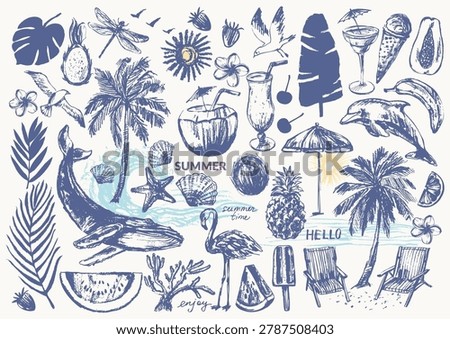 Hand drawn ink summer set. Tropical fruit, palm tree, cocktails, ice cream, popsicle, beach chair, umbrella, wave, whale, flamingo, dolphin. Motivational poster and card background design.
