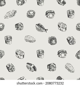 Hand drawn ink sushi, sashimi, rolls seamless pattern. Asian food illustration for menu design, food background, japanese cuisine design.