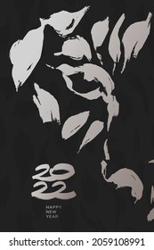 Hand drawn ink tiger face. Greeting card with Chinese new year 2022 symbol.