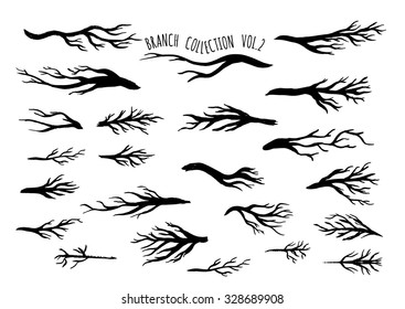 Hand drawn ink tree branches collection. Vector illustration.