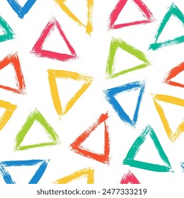 Dibujado a mano triángulos de tinta sin patrón. Dibujos coloridos de moda y marcas de pincel. Fondo abstracto simple. Ideal para textil, tela, Fondo de pantalla, embalaje, álbum de recortes y embalaje
