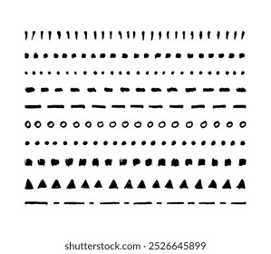 Pinceles de Vector de tinta dibujados a mano, Formas abstractas de tinta como triángulos, círculos, puntos para el Diseño gráfico. Fondos dibujados a mano artísticos monocromáticos de un color.