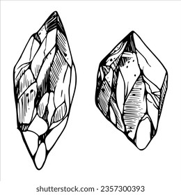 Handgezeichnete Tinte Vektorkristall Edelstein Mineral. Skizzengrafik für Hexerei, Esoterie, Schmuck, Tätowierung. Einziger Gegenstand, Umriss. Design für Geschäfte, Logo, Druck, Website, Karte, Büchlein.