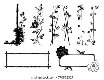 Hand drawn ink vector decorative and frame elements in asian style with bamboo branches and ornamental flowers isolated on white background