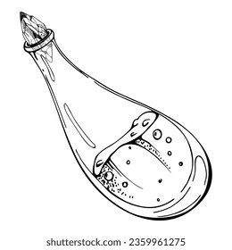 Hand drawn ink vector glass jar vial bottle with crystal. Sketch illustration art witchcraft, medicine, chemistry, alchemy. Isolated object, outline. Design shops, logo, print, website, card, booklet.