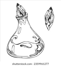 Hand drawn ink vector glass jar vial bottle with crystal. Sketch illustration art witchcraft, medicine, chemistry, alchemy. Isolated object, outline. Design shops, logo, print, website, card, booklet.