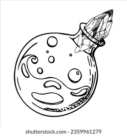 Hand drawn ink vector glass jar vial bottle with crystal. Sketch illustration art witchcraft, medicine, chemistry, alchemy. Isolated object, outline. Design shops, logo, print, website, card, booklet.
