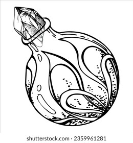 Frasco de frasco de vidrio vectorial de tinta dibujado a mano con cristal. Dibujo ilustrativo de brujería artística, medicina, química, alquimia. Objeto aislado, contorno. Tiendas de diseño, logotipo, impresión, sitio web, tarjeta, folleto.