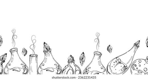 Hand drawn ink vector glass vial jars for potions with crystals. Sketch illustration art for Halloween party, witchcraft. Isolated seamless banner. Design shops, logo, print, website, card, booklet