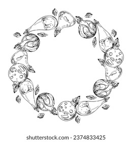 Hand drawn ink vector glass jar vial bottle for potion isolated circle wreath frame. Sketch illustration art witchcraft, medicine, chemistry, alchemy. Design shops, logo, print, website, card, booklet