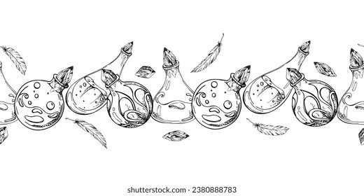 Handgezeichnete Tuschglas-Durchstechflaschen für Tränke mit Kristallen. Sketch-Illustration für Halloween-Party, Hexerei. Einziger nahtloser Banner. Design-Shops, Logo, Druck, Website, Karte, Broschüre