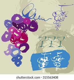 Uvas e copos de tinta desenhados à mão