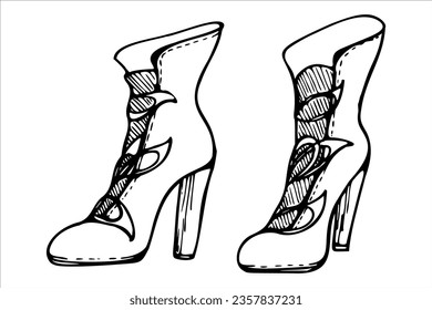 Hand drawn ink vector high heel fashion boots for women. Sketch illustration silhouette line art footwear, style, vogue. Isolated object, outline. Design for shops, website, logo, print, card, booklet