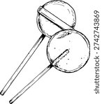 Hand drawn ink vector illustration of two round lollipops on sticks. Sketchy style candy clipart suitable for confectionery packaging, sweet shop branding, party invitations, and holiday designs