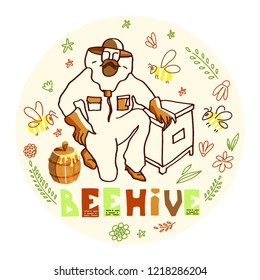 Hand drawn ink vector illustration with beekeeper and honey. Figure of beekeepers in protective outfit with honeycomb inside round doodle composition.
