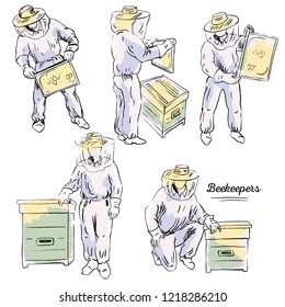 Hand drawn ink vector illustration with beekeepers and beehives. Several figures of beekeepers in protective outfit with honeycomb near the beehive.