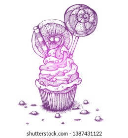 Hand drawn ink vector illustration. Still life of cupcakes with orange and lollipop. Drawing isolated on white background