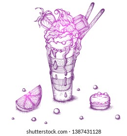 Hand drawn ink vector illustration. Still life with a dessert of ice cream in a glass and macaroon cookies. Drawing isolated on white background