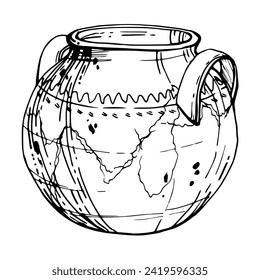 Handgezeichnete, handgezeichnete, handgemachte Keramikvase aus Ton. Einzelobjekt einzeln auf weißem Hintergrund. Design Reise, Urlaub, Broschüre, Druck, Cafe Restaurant Menü, Shop