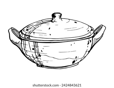 Hand drawn ink vector illustration, handmade traditional clay pottery ceramic vase. Single object isolated on white background. Design travel, vacation, brochure, print, cafe restaurant menu, shop