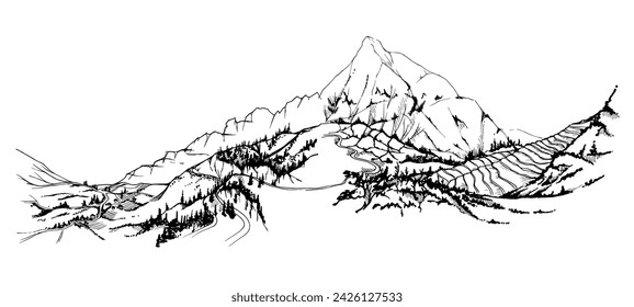 Handgezeichnete Tinte Vektor-Illustration, Berglandschaft Landschaft Zentral-Südamerika, Hügel Ebene, Machu Picchu Terrassen. Isoliert auf weißem Hintergrund. Design-Reise, Urlaubsreise, Broschüre, Druck