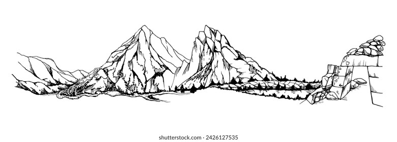 Hand drawn ink vector illustration, mountain landscape scenery Central South America, hills plane, Machu Picchu terraces. Isolated on white background. Design travel, vacation trip, brochure, print