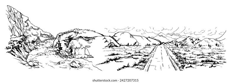 Hand drawn ink vector illustration, mountain landscape scenery Central South America, highway road plane, cliffs river rapids. Isolated on white background. Design travel, vacation, brochure, print