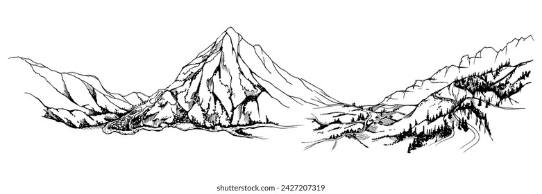 Hand drawn ink vector illustration, mountain landscape scenery Central South America, hills plane farmland river outdoors backdrop. Isolated white background. Design travel, vacation, brochure, print