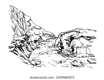 Ilustración de vector de tinta dibujada a mano, paisaje de paisaje de río de montaña América Central del Sur, Europa, naturaleza de telón de fondo al aire libre. Aislado sobre fondo blanco. Diseño de viajes, vacaciones, folletos, impresión