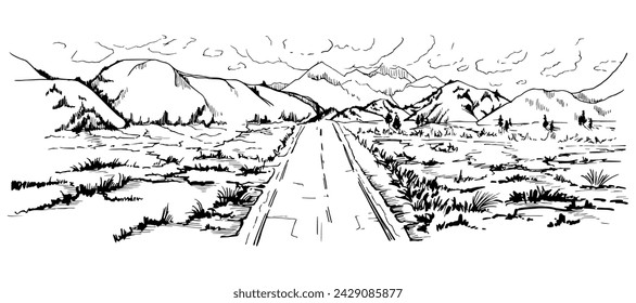 Hand drawn ink vector illustration, mountain landscape scenery Central South America, hills plane farmland, straight road highway. Isolated white background. Design travel, vacation, brochure, print