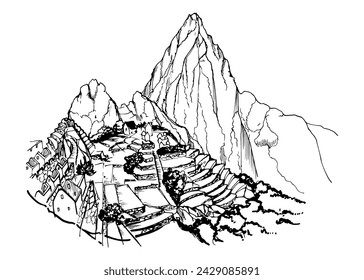 Ilustración de vector de tinta dibujada a mano, paisaje de montaña de América Central del Sur, plano de las colinas, terrazas de Machu Picchu. Aislado sobre fondo blanco. Diseño de viajes, viaje de vacaciones, folleto, impresión