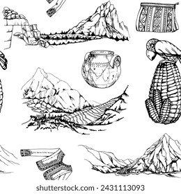 Hand drawn ink vector illustration, Peru symbols landscapes ceramic pot Machu Picchu corn maize embroidered jacket. Seamless pattern isolated on white background. Design travel, menu, brochure, print