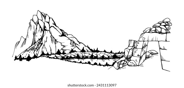 Hand drawn ink vector illustration, mountain landscape scenery Central South America, hills plane farmland river, stone monument. Isolated on white background. Design travel, vacation, brochure, print