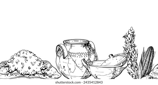 Hand drawn ink vector illustration, cooking pot ceramics, maize corn quinoa vegetable plant. Seamless banner isolated white background. Design travel, vacation, brochure, print, cafe restaurant menu