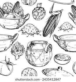 Hand drawn ink vector illustration, cooking pot ceramics vegetable stew maize corn quinoa, south american cuisine Seamless pattern isolated white background. Design travel, vacation, brochure, print