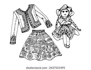 Ilustración vectorial de tinta dibujada a mano, ropa india nacional bordada de la moda de América Central del Sur, muñeca cosida. Composición aislada sobre fondo blanco. Diseño de viajes, vacaciones, folletos, impresión