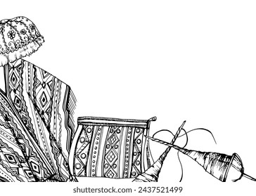 Hand drawn ink vector illustration, embroidered national indian clothes South Central America fashion culture. Horizontal frame isolated on white background. Design travel, vacation, brochure, print