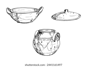Hand drawn ink vector illustration, handmade traditional clay pottery ceramic vase. Set of objects isolated on white background. Design travel, vacation, brochure, print, cafe restaurant menu, shop